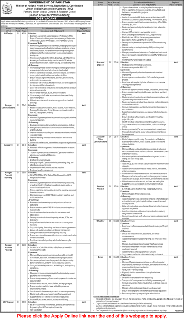 Jinnah Medical Construction Company Islamabad Jobs February 2026 