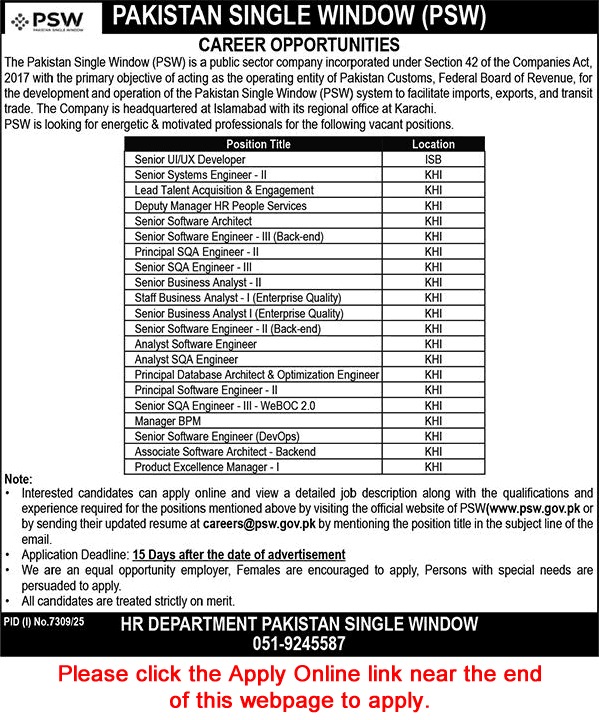 Pakistan Single Window Jobs March 2026 Apply Online – Software Engineers & Others PSW Careers