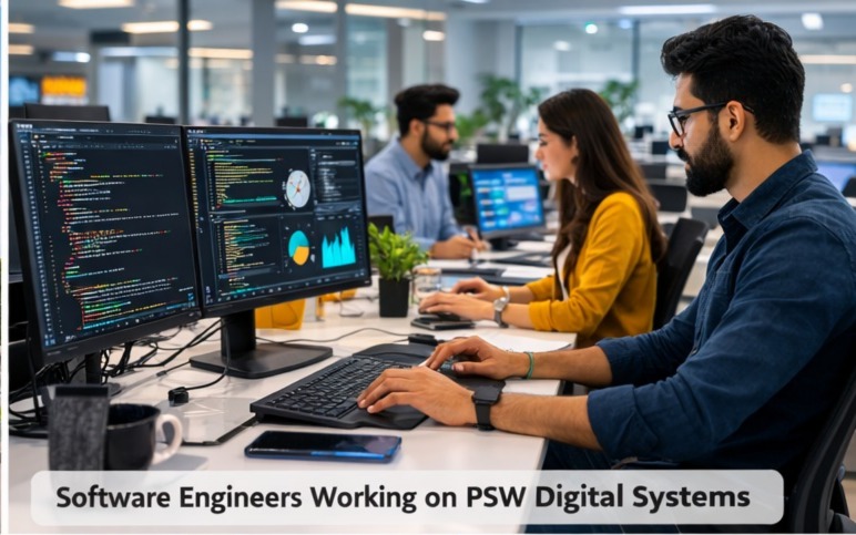 Software engineers working on computers in IT office